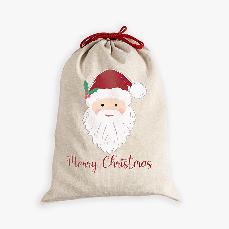 Natural canvas santa sack with traditional santa saying merry christmas with red drawcord