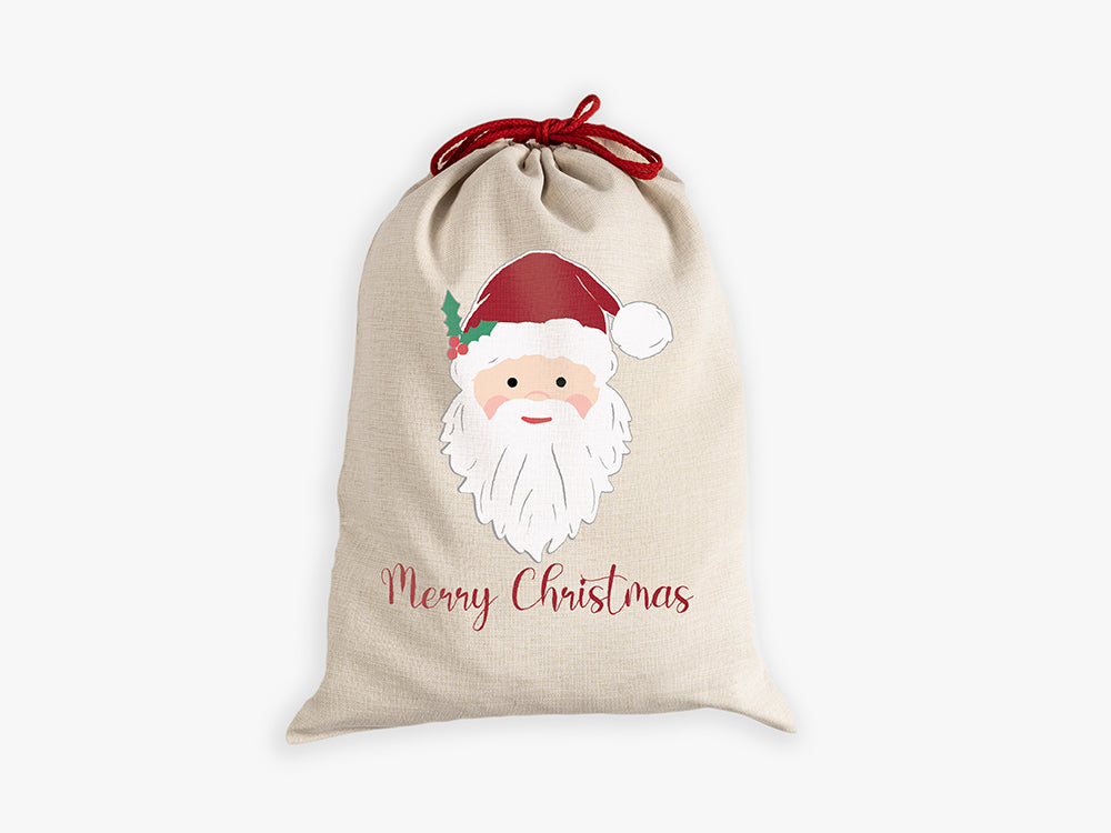 Natural canvas santa sack with traditional santa saying merry christmas with red drawcord