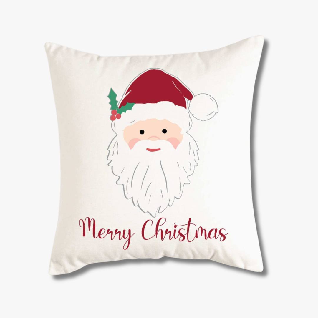 White Throw Pillow Cover with traditional Santa saying Merry Christmas in red