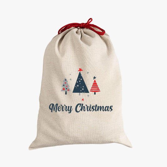 Natural canvas santa sack with trees in navy, red and gray saying Merry Christmas with red drawcord