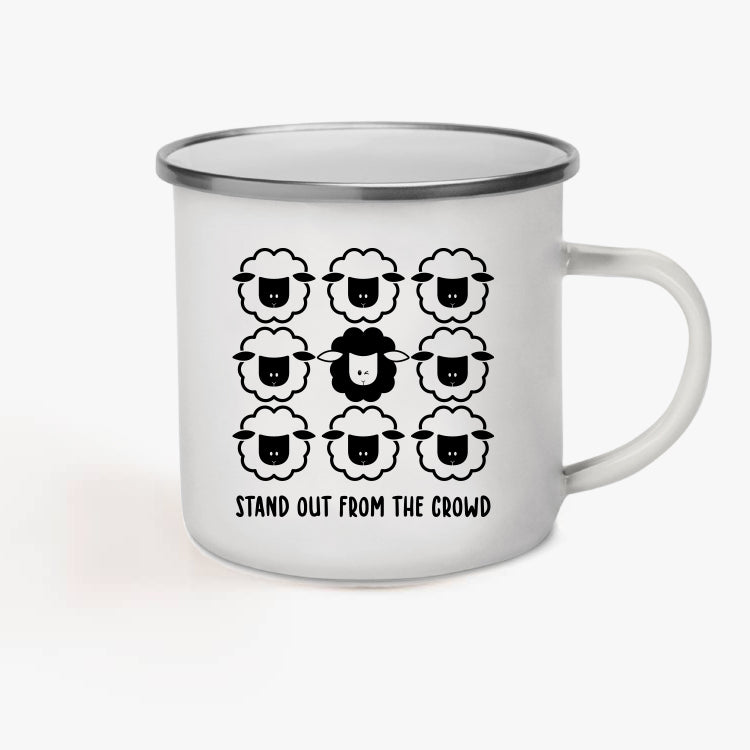 White Campfire Mug with sheep saying Stand Out from the crowd
