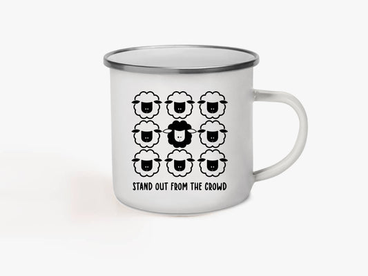 White Campfire Mug with sheep saying Stand Out from the crowd