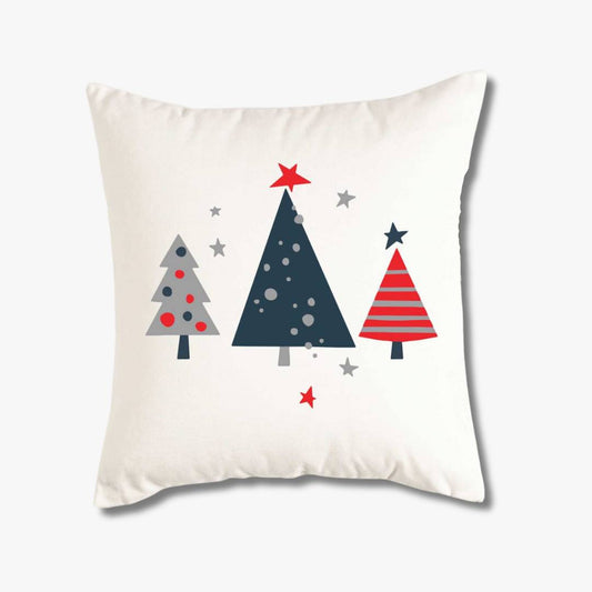 white throw pillow cover with gray, navy and red trees