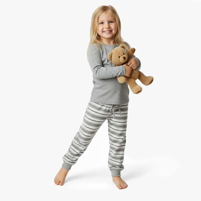 kid wearing gray shirt gray stripe jogger pant