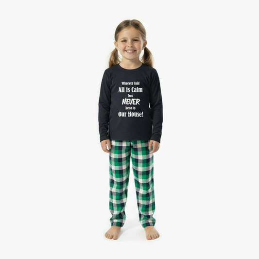 kid wearing indigo all is calm_shirt_green_indigo_white_check_pant