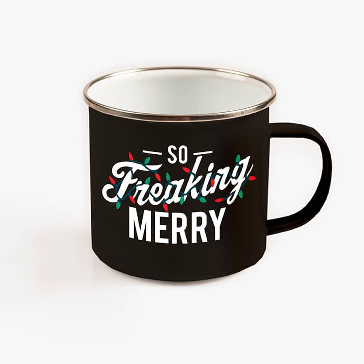 Black Campfire Mug saying So Freaking Merry