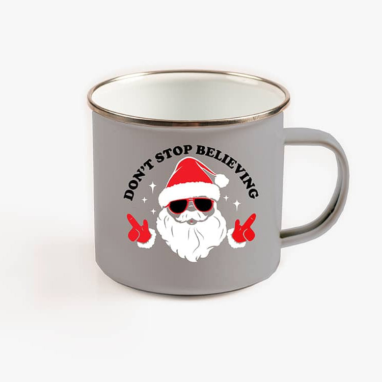 Gray Campfire Mug with Santa saying don't stop believing