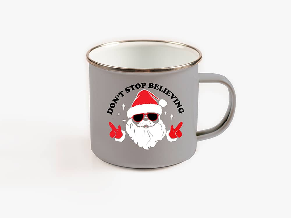 Gray Campfire Mug with Santa saying don't stop believing