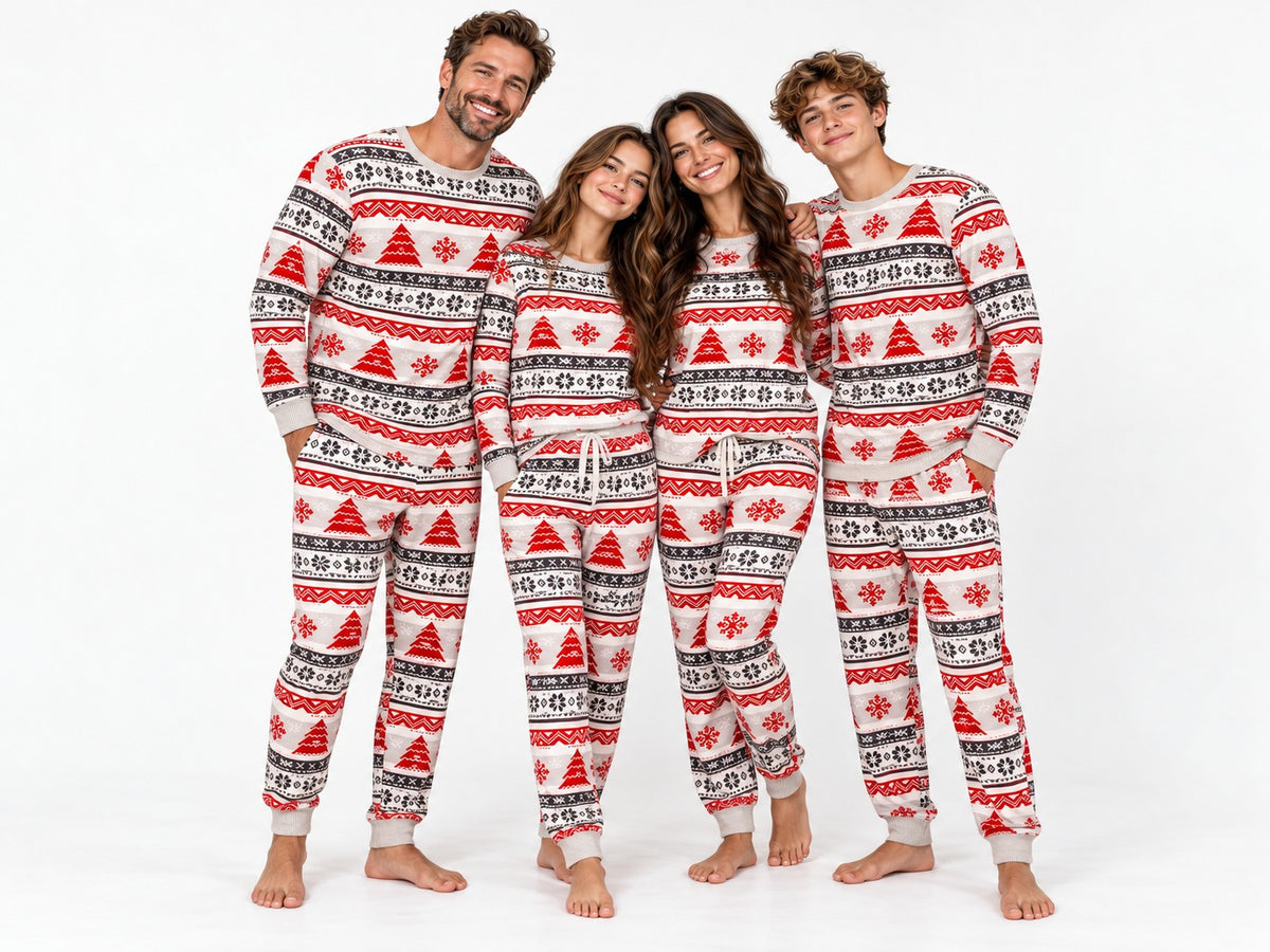 Friends and family in matching Nordic Fair Isle pajamas