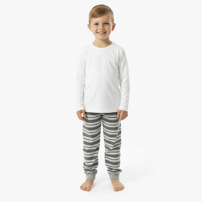 kid wearing white shirt gray stripe jogger pant