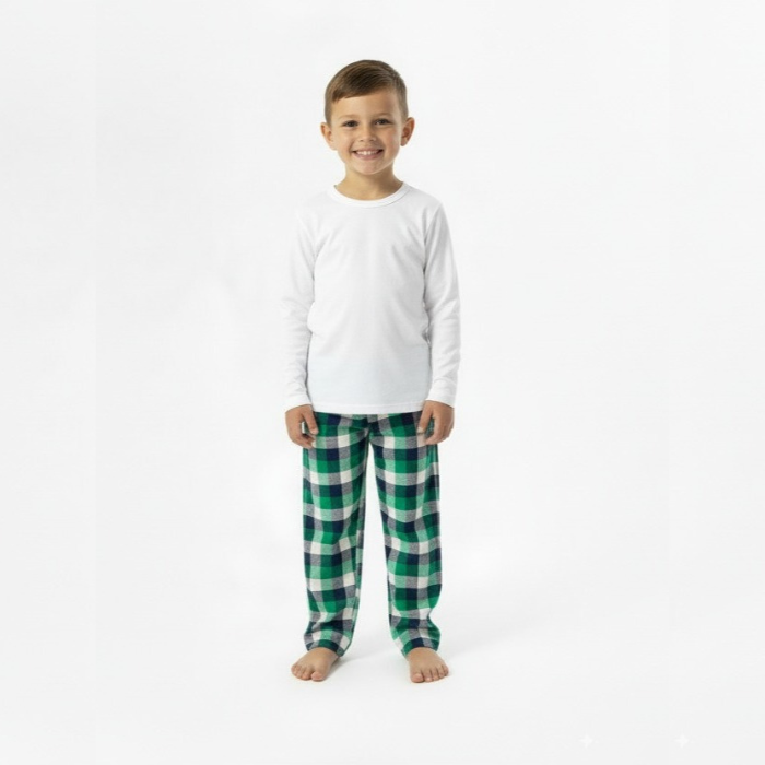 kid wearing white shirt green indigo white check pant