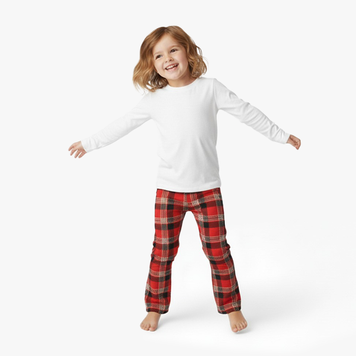 kid wearing white shirt and red plaid pant